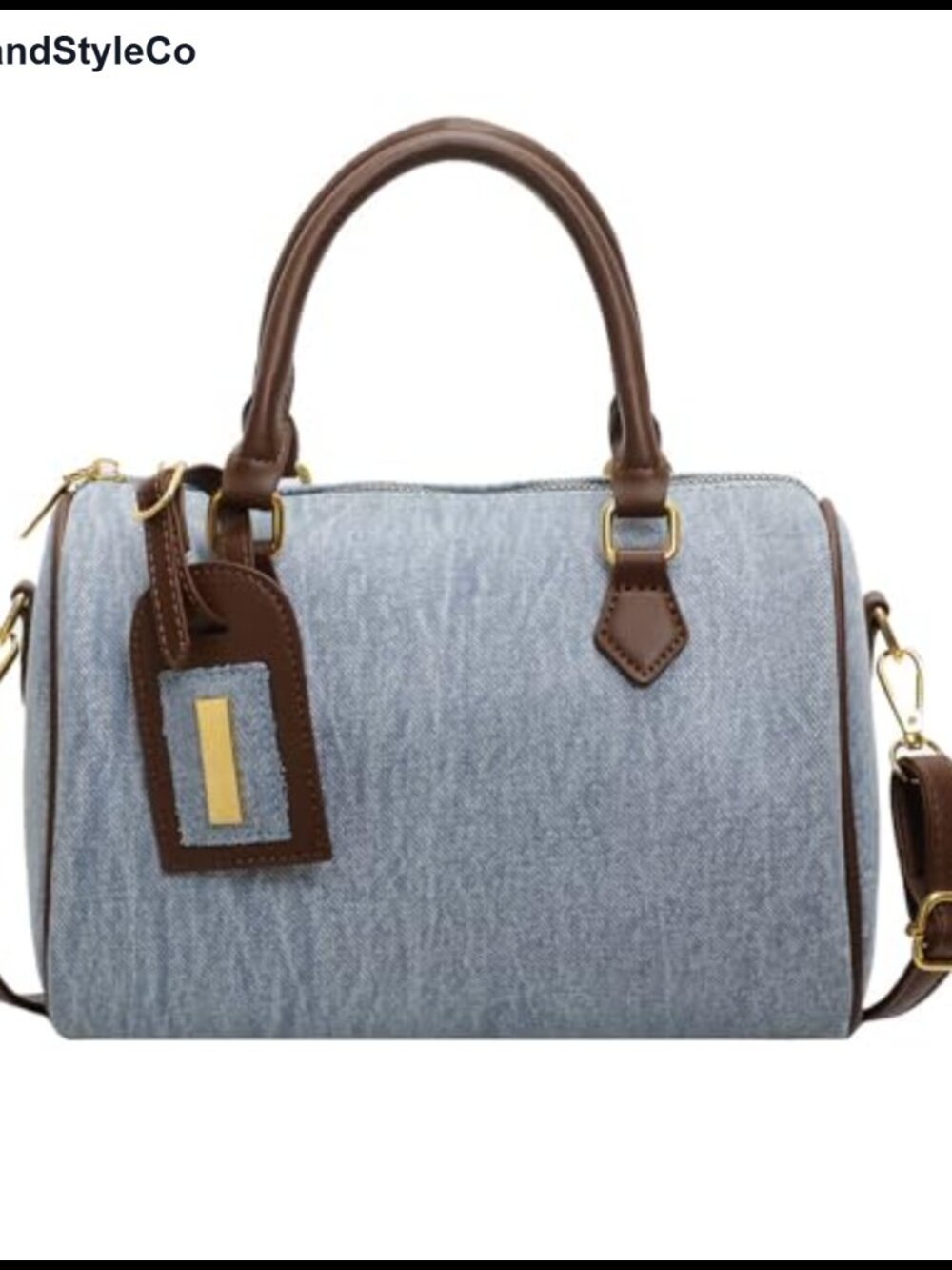 Denim Satchel Handbag Vegan Leather Trim 3-Way Crossbody Tote